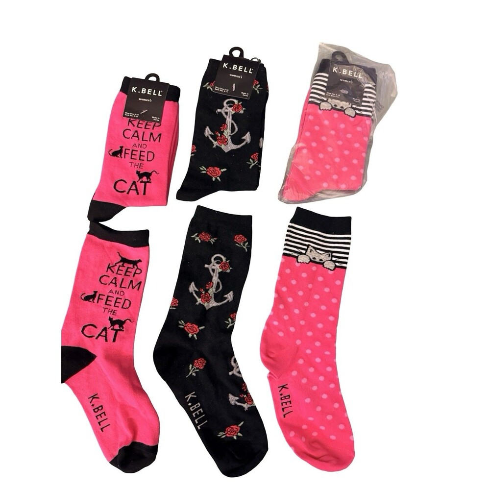 Women’s Cat Socks 3 Pair Lot Anchor Roses Pink Novelty K.bell New Size 4-10